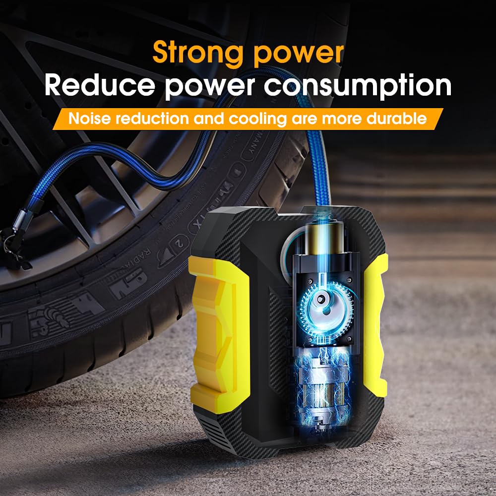 Sounce Portable Digital Heavy Air Compressor Rapid Super-fast Auto Tire Pump with Emergency Lighting LED and Long Cable for Car, SUV, Motorcycle, Car Tyre, Basketball Inflator DC 12V (Yellow Black)