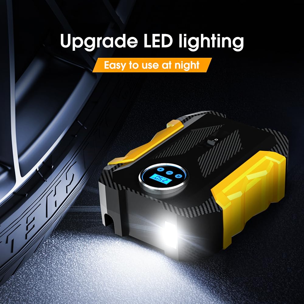 Sounce Portable Digital Heavy Air Compressor Rapid Super-fast Auto Tire Pump with Emergency Lighting LED and Long Cable for Car, SUV, Motorcycle, Car Tyre, Basketball Inflator DC 12V (Yellow Black)