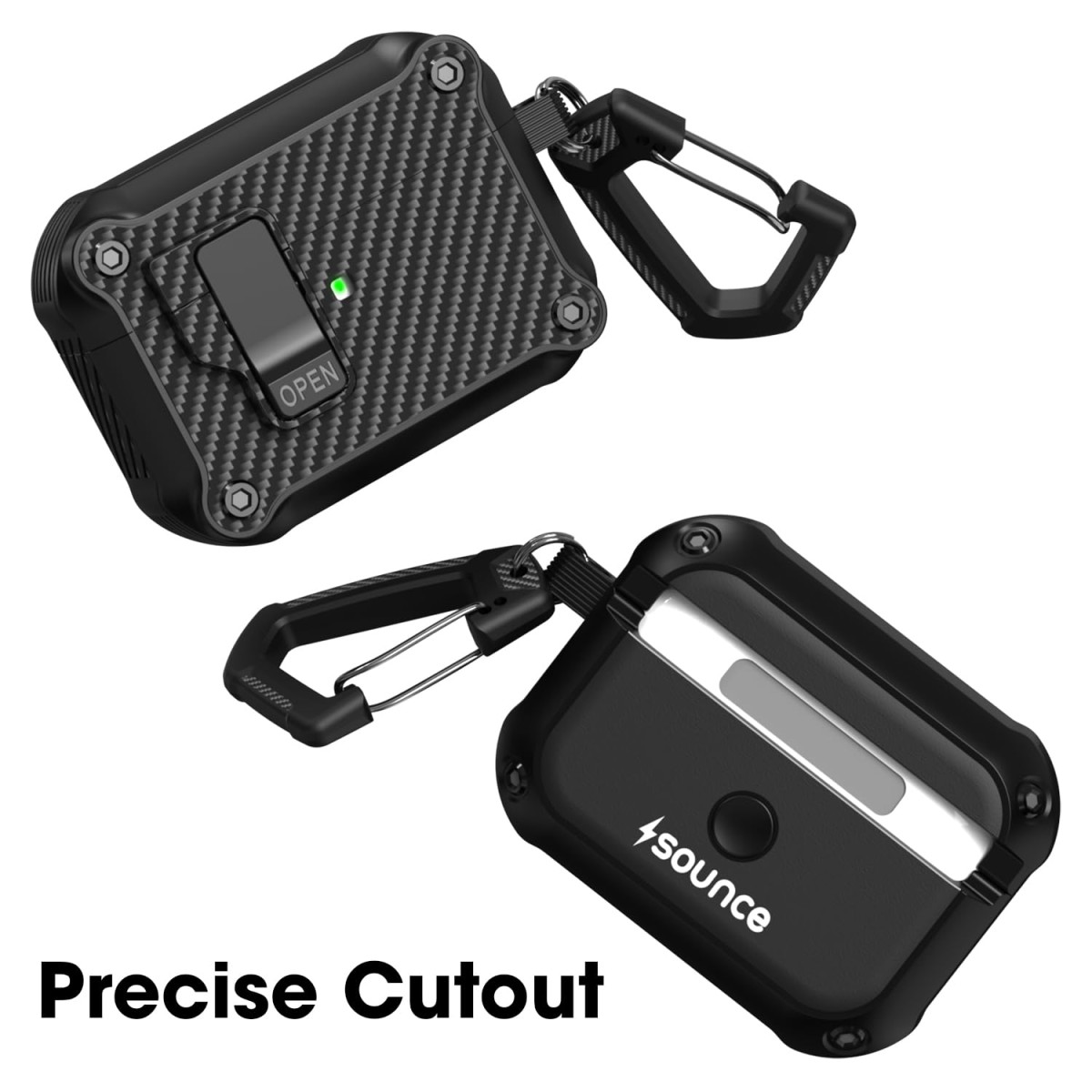 Sounce Tough Case Compatible with Airpods Pro 2 Case Cover with Carabiner, Rugged Protective Cover for Airpods Pro 2nd Generation Case Cover Shock Armor Series [Front LED Visible](Black)