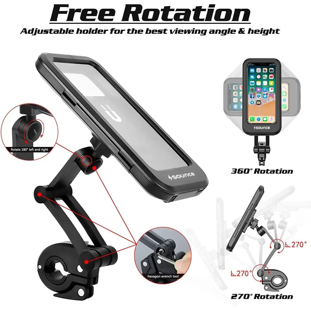 Sounce Waterproof Bike Mobile Phone Holder for Handlebar – 360° Rotation, Sensitive Touch Screen, IPX6 Waterproof Case for Smartphones 4.7–7.2, Compatible with iPhone, Samsung, and All Phones