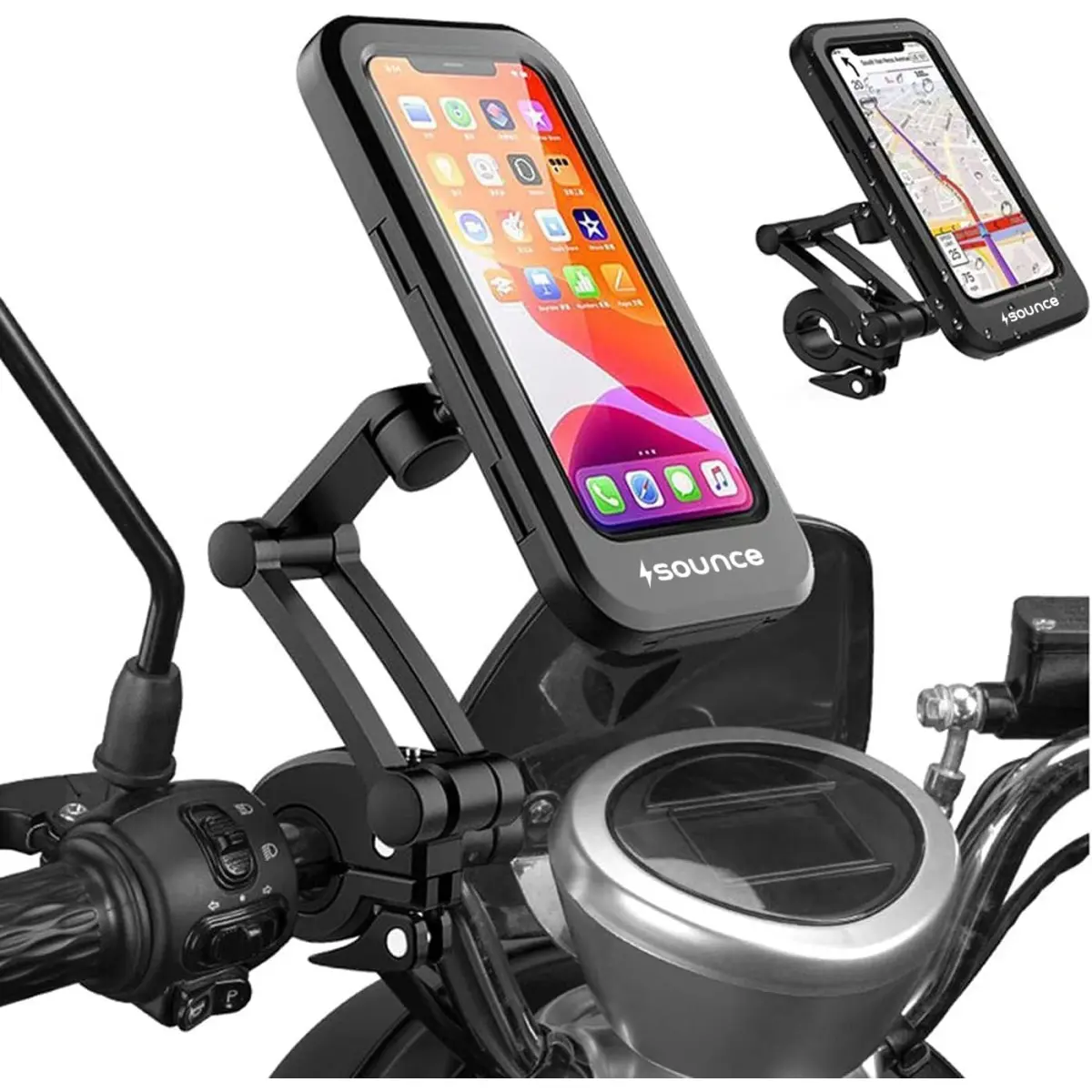 Sounce Waterproof Bike Mobile Phone Holder for Handlebar – 360° Rotation, Sensitive Touch Screen, IPX6 Waterproof Case for Smartphones 4.7–7.2, Compatible with iPhone, Samsung, and All Phones