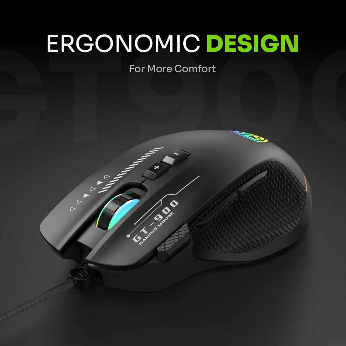 SpinBot Clutch GT900 with 7200 DPI Gaming Sensor and 8 Programmable Buttons RGB Wired Optical Gaming Mouse (USB 2.0, Black)