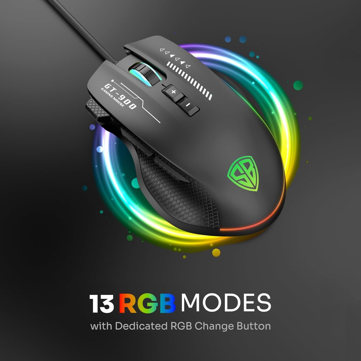 SpinBot Clutch GT900 with 7200 DPI Gaming Sensor and 8 Programmable Buttons RGB Wired Optical Gaming Mouse (USB 2.0, Black)