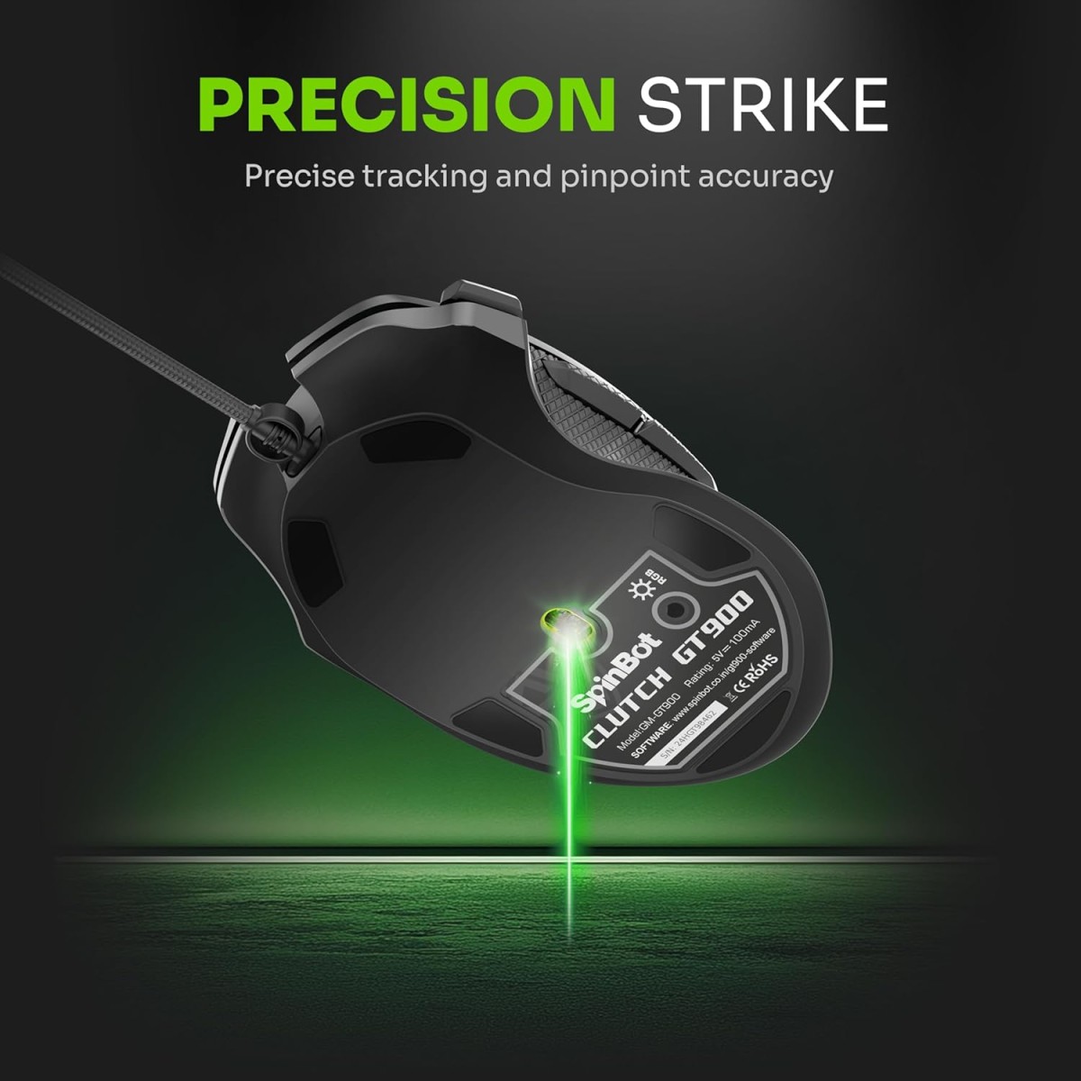 SpinBot Clutch GT900 with 7200 DPI Gaming Sensor and 8 Programmable Buttons RGB Wired Optical Gaming Mouse (USB 2.0, Black)