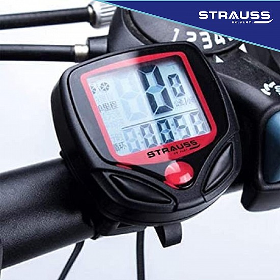 Strauss Bicycle Computer Odometer Speedometer | Waterproof LCD Display, Lightweight Multi-Function Cycling Accessory | Auto Sleep & Wake Up Mode, Speed Monitor | Easy Install & Read, (Red/Black)