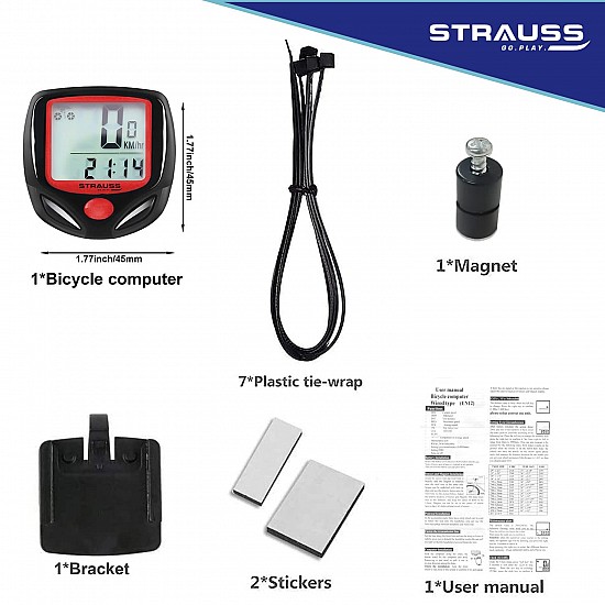 Strauss Bicycle Computer Odometer Speedometer | Waterproof LCD Display, Lightweight Multi-Function Cycling Accessory | Auto Sleep & Wake Up Mode, Speed Monitor | Easy Install & Read, (Red/Black)