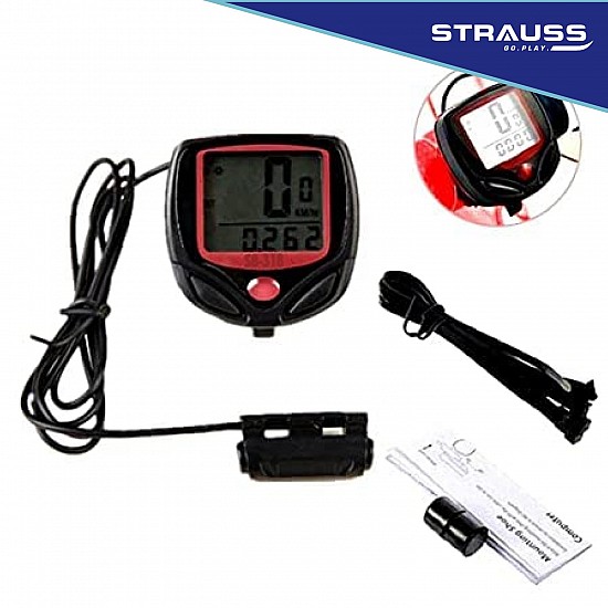 Strauss Bicycle Computer Odometer Speedometer | Waterproof LCD Display, Lightweight Multi-Function Cycling Accessory | Auto Sleep & Wake Up Mode, Speed Monitor | Easy Install & Read, (Red/Black)