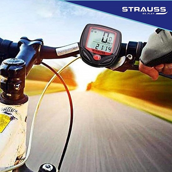 Strauss Bicycle Computer Odometer Speedometer | Waterproof LCD Display, Lightweight Multi-Function Cycling Accessory | Auto Sleep & Wake Up Mode, Speed Monitor | Easy Install & Read, (Red/Black)