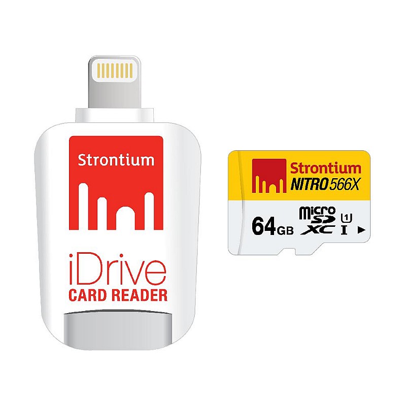 Strontium Nitro iDrive Card Reader (White, with Strontium Nitro 64GB UHS-I Class 10 MicroSD Card 