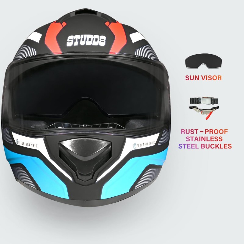 Studds Drifter D5 Fiker ISI and DOT Certified Full face Helmet for Men and Women with Inner Sun Visor and Spoiler (MATT Blue L) Studds Drifter D5 Fiker ISI and DOT Certified Full face Helmet for Men and Women with Inner Sun Visor and Spoiler (MATT Blue L)