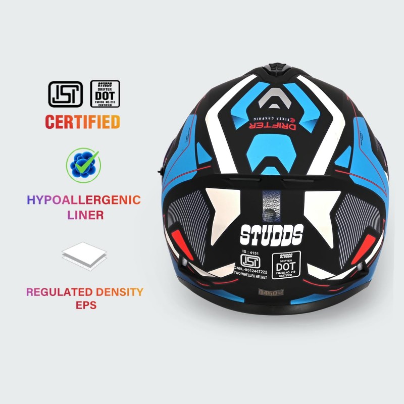 Studds Drifter D5 Fiker ISI and DOT Certified Full face Helmet for Men and Women with Inner Sun Visor and Spoiler (MATT Blue L) Studds Drifter D5 Fiker ISI and DOT Certified Full face Helmet for Men and Women with Inner Sun Visor and Spoiler (MATT Blue L)