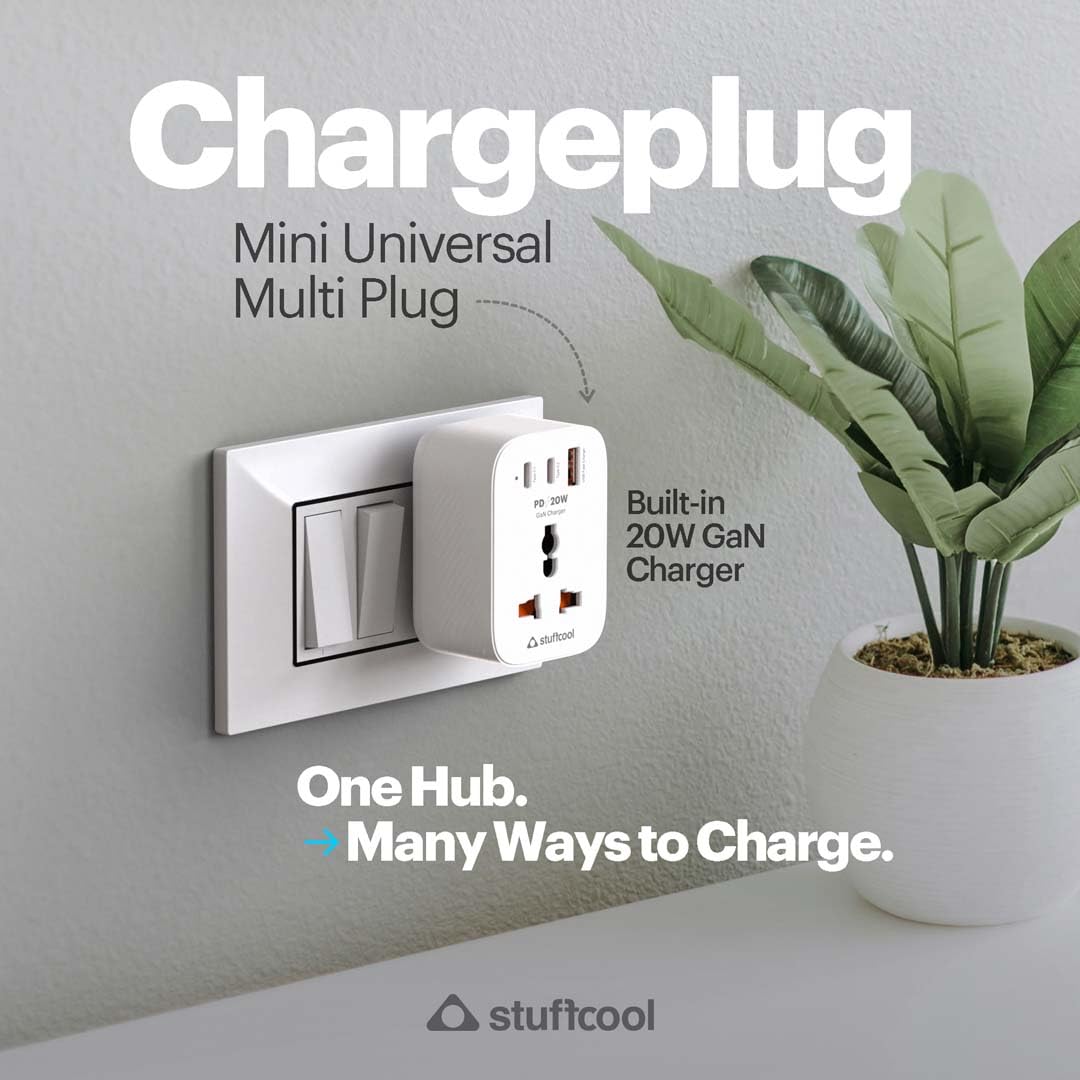 Stuffcool Chargeplug Mini Universal Multi Plug With 20W Gan Fast Charger,Dual Type-C PD,USB-A QC,6A Power Support,Global Socket Fast Charger