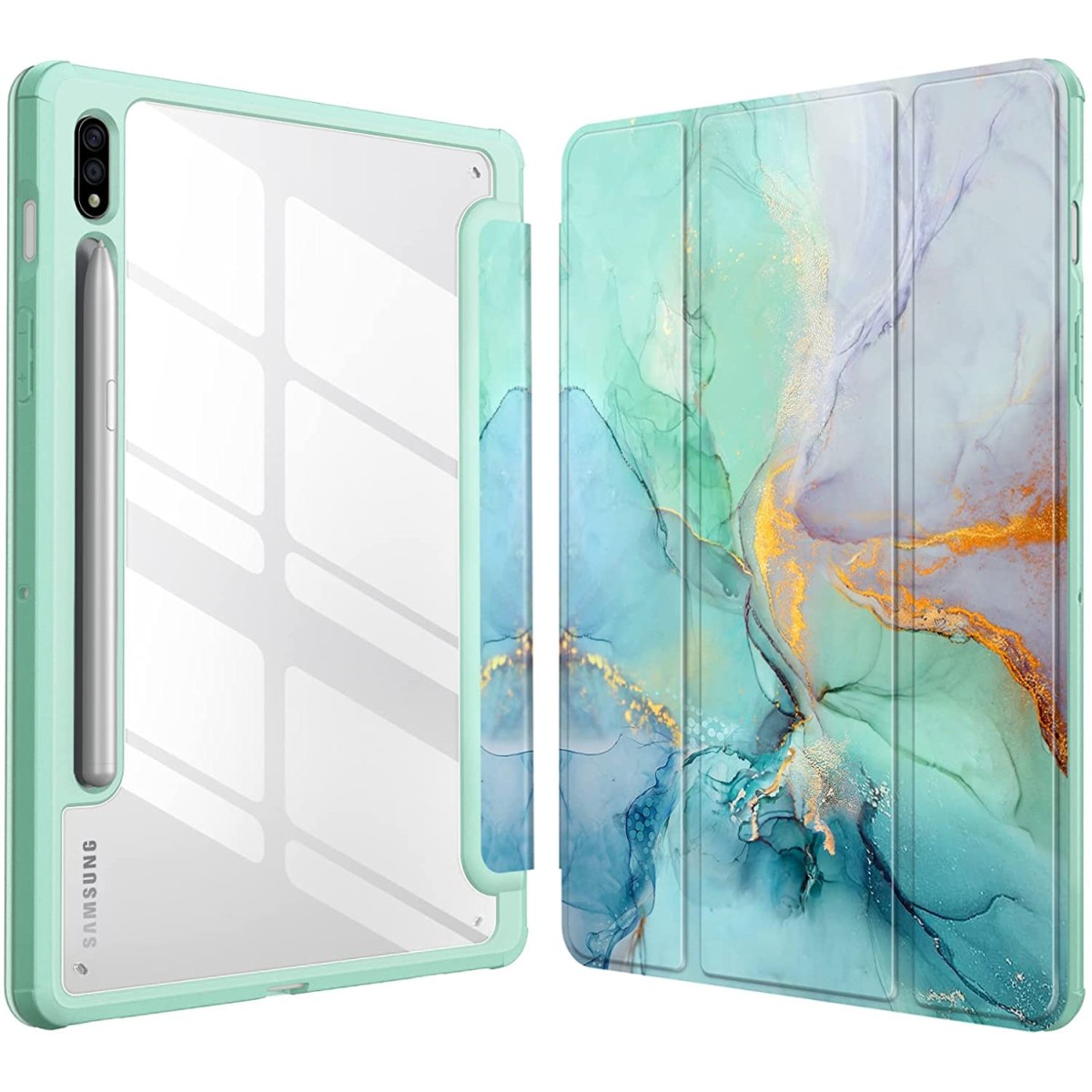 SwooK Hybrid Case for Samsung Galaxy Tab S8 / S7 11 inch SM X700 X706 T870 T875 T878 with S Pen Holder Shockproof Clear Back Shell Auto Wake/Sleep Flip Cover Case (Emeraled Marble)