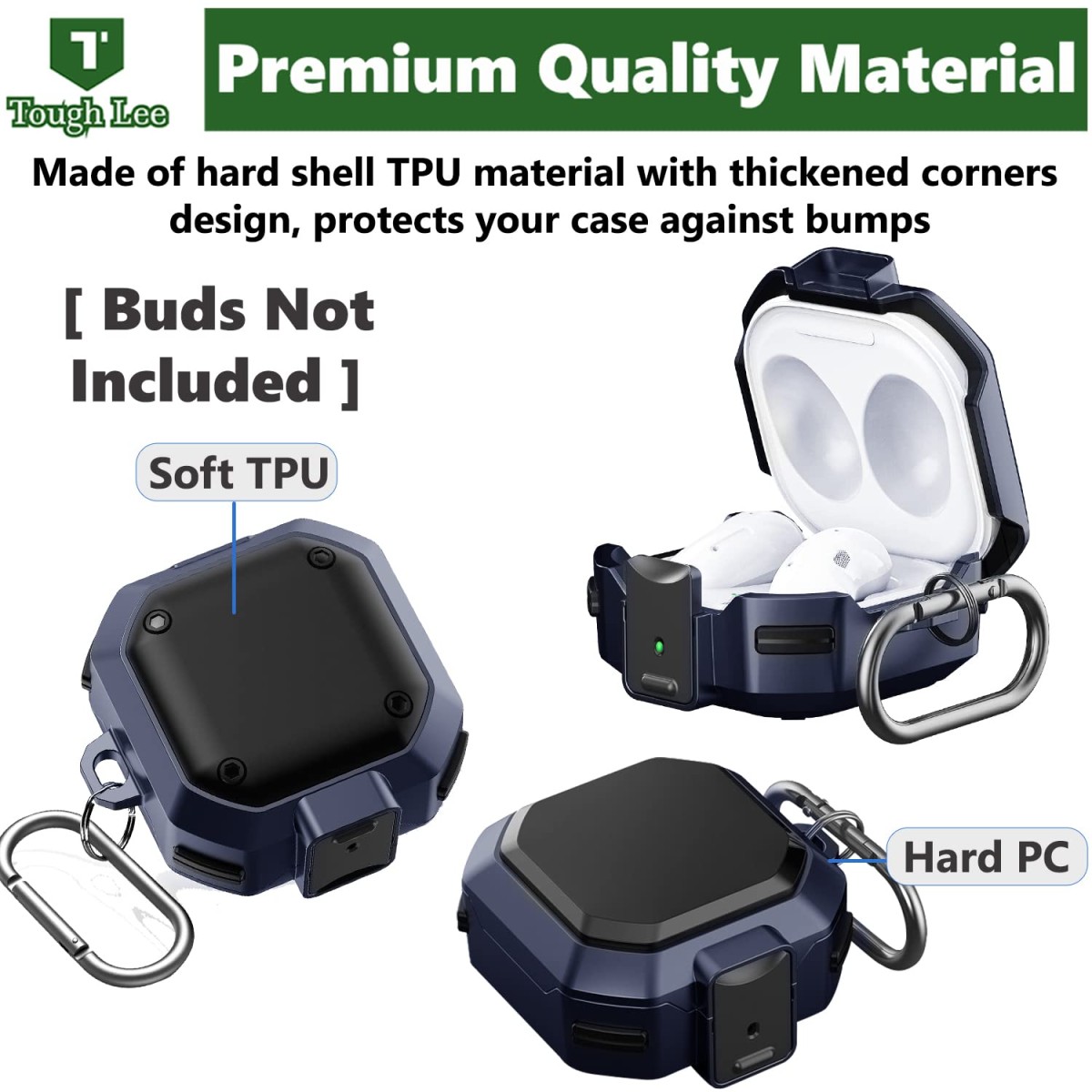 TOUGH LEE Case Cover for Samsung Galaxy Buds 2 Pro (2022) | Buds 2 (2021) | Buds Pro (2021) | Buds Live (2020) - with Carrying Hook - Rugged Armour Hard Durable, Blue