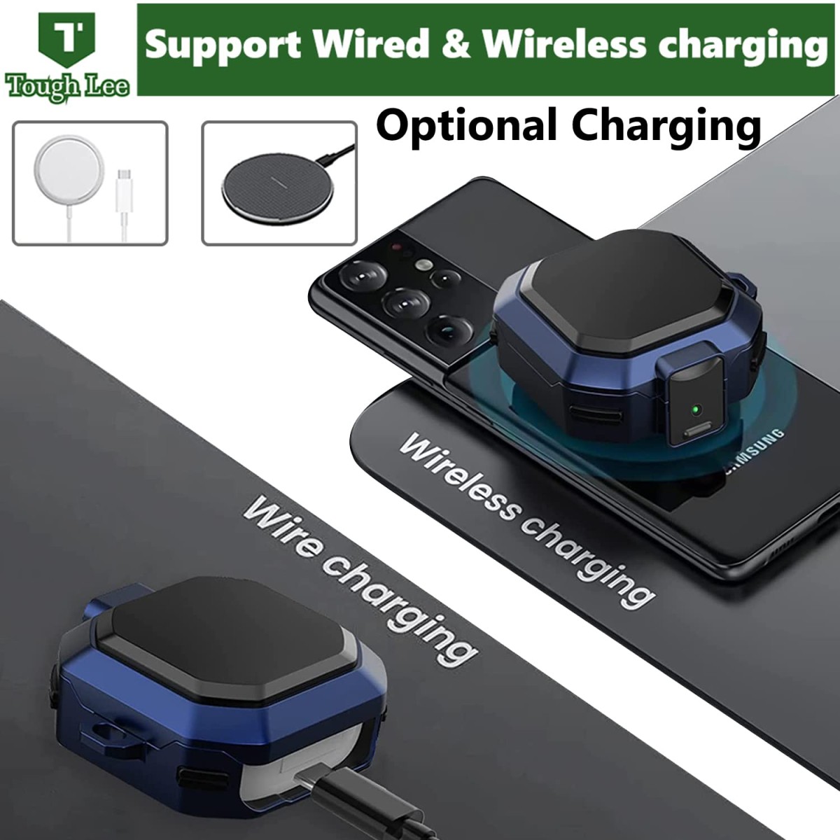 TOUGH LEE Case Cover for Samsung Galaxy Buds 2 Pro (2022) | Buds 2 (2021) | Buds Pro (2021) | Buds Live (2020) - with Carrying Hook - Rugged Armour Hard Durable, Blue