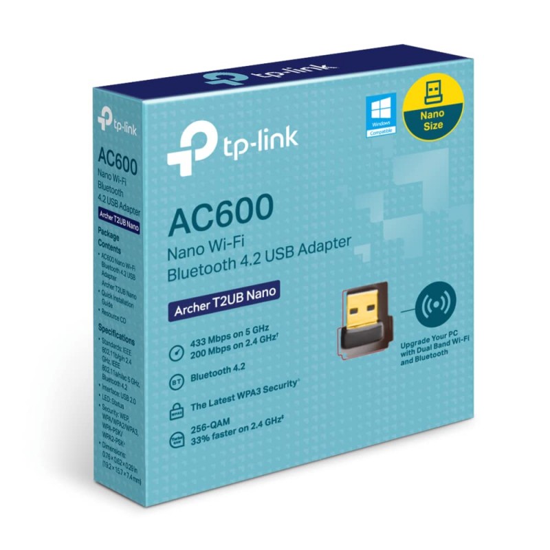 TP-Link Archer T2Ub Nano Ac600 USB 2.0 Wi-Fi Bluetooth 4.2 Desktop USB Adapter|Dual Band Wireless 600 Mbps|Plug and Play|Supports Windows 11/10/8.1/8/7 for WiFi,Windows 11/10/8.1/7 for Bluetooth