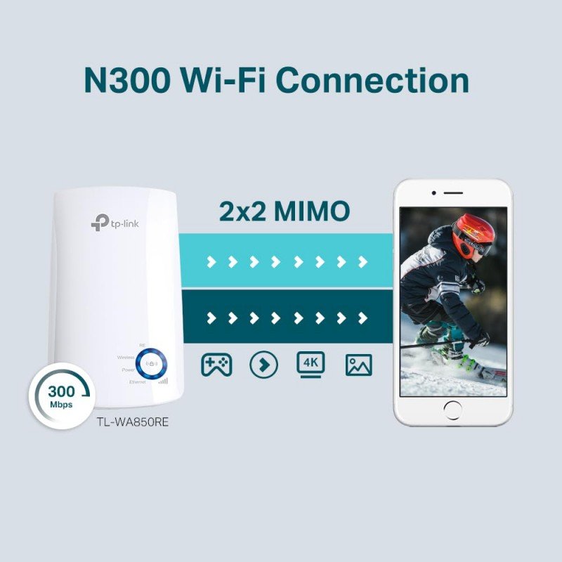 TP-Link TL-WA850RE Single_Band 300Mbps RJ45 Wireless Range Extender, Broadband/Wi-Fi Extender, Wi-Fi Booster/Hotspot with 1 Ethernet Port, Plug and Play, Built-in Access Point Mode, White TP-Link TL-WA850RE Single_Band 300Mbps RJ45 Wireless Range Extender, Broadband/Wi-Fi Extender, Wi-Fi Booster/Hotspot with 1 Ethernet Port, Plug and Play, Built-in Access Point Mode, White