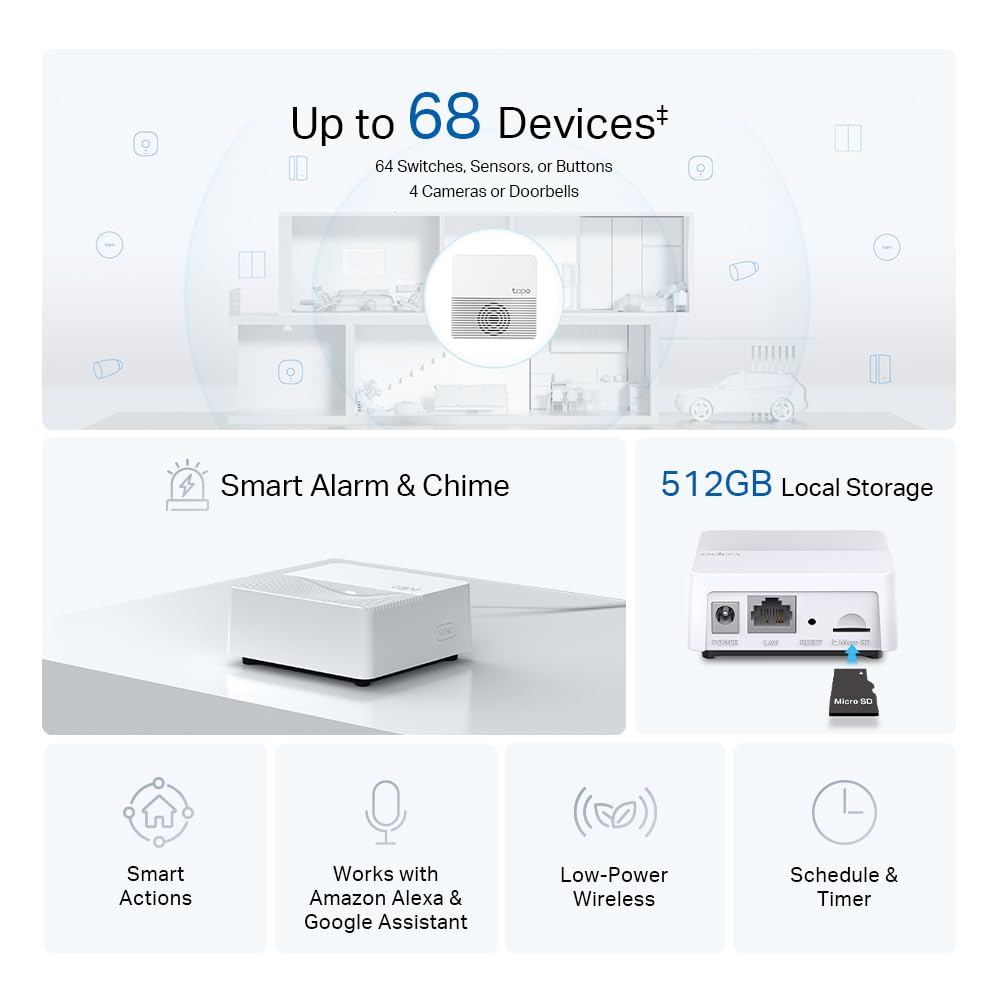 TP-Link Tapo Smart Hub with Built-In Chime, REQUIRES 2.4GHz Wi-Fi, Connect up to 64 Smart + 4 Camera Devices, Sub-1G Low-Power Wireless Protocol, 512GB Local Storage, Tapo H200