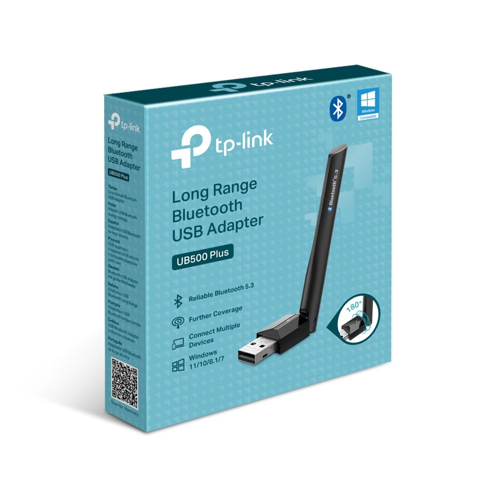 TP-Link UB500 Plus USB Bluetooth 5.3 Adapter, Mini, Plug and Play, Long Range Antenna, Supports Win 7/8.1/10/11, for Desktop, Laptop, Mouse, Keyboard, Printers, Headsets,Speakers, PS4/Xbox Controllers
