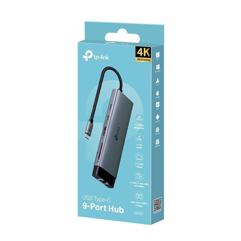 TP-Link UH9120C USB Type-C 9 in 1 Hub|Multiport USB-C Adapter Dongle Docking Station|4K 60Hz HDMI|1 Gbps ethernet|SD & microSD UHS-I|USB-C, 3× USB-A Data Ports|100W Fast Charging|Plug and Play TP-Link UH9120C USB Type-C 9 in 1 Hub|Multiport USB-C Adapter Dongle Docking Station|4K 60Hz HDMI|1 Gbps ethernet|SD & microSD UHS-I|USB-C, 3× USB-A Data Ports|100W Fast Charging|Plug and Play
