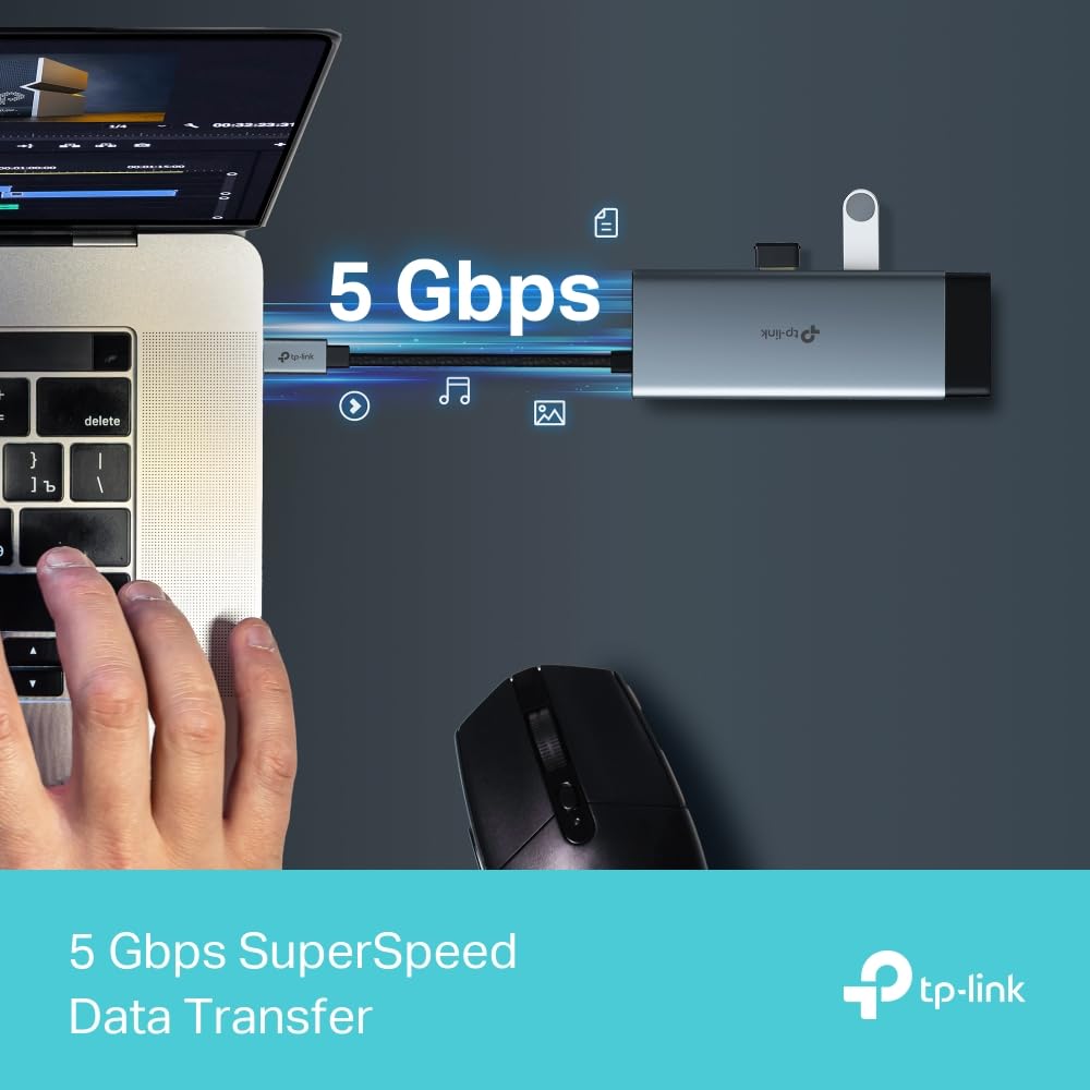 TP-Link USB Type-C 6-Port Hub with a 4K@60Hz HDMI, 1 Gbps ethernet, 1× USB-C Data Ports, 2× USB-A Data Ports, Powerful 100W Fast Charging, Stable Connection, Plug & Play (UH6120C)