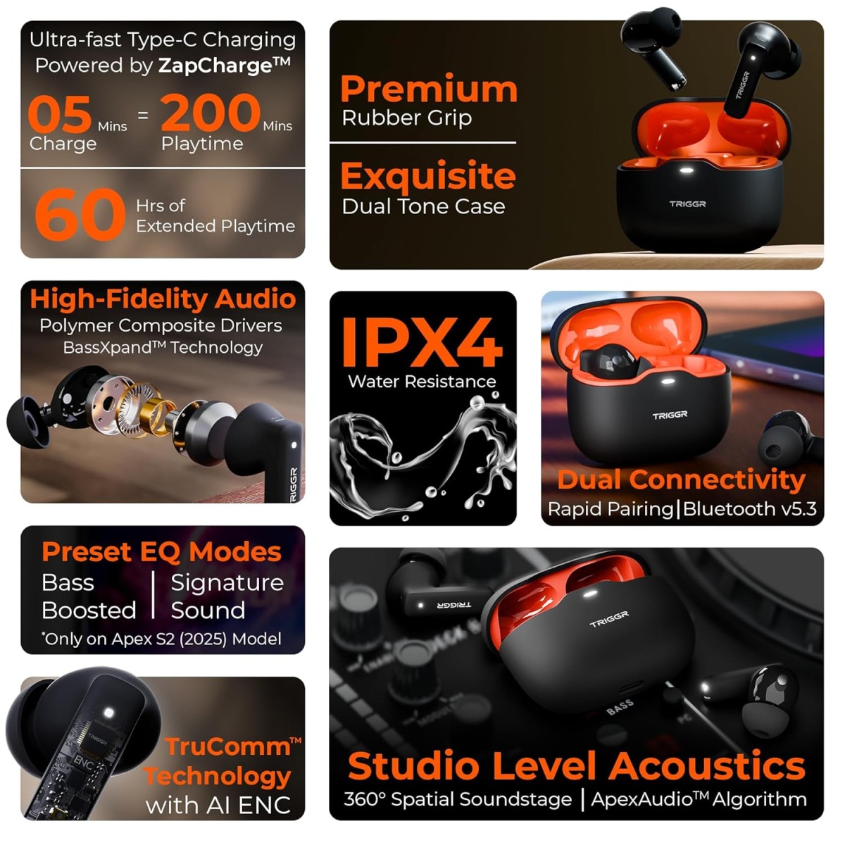 TRIGGR Apex S2 2025, Dual Pairing, 60H Battery, Preset EQ, Quad Mic ENC, Rubber Finish Bluetooth (Black Inferno, True Wireless)