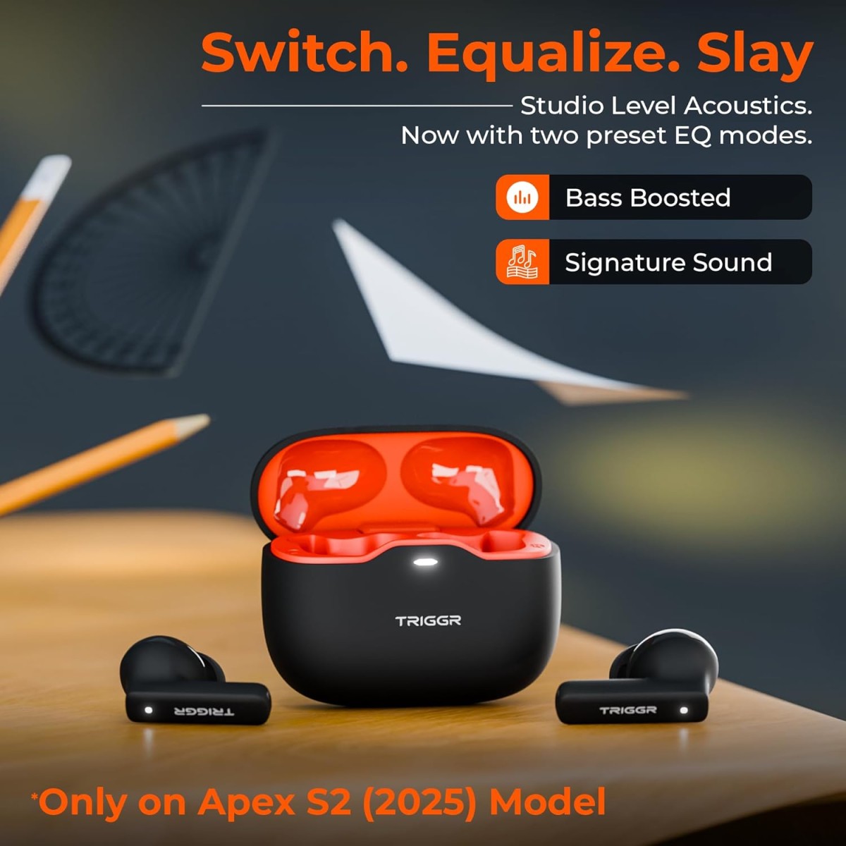 TRIGGR Apex S2 2025, Dual Pairing, 60H Battery, Preset EQ, Quad Mic ENC, Rubber Finish Bluetooth (Black Inferno, True Wireless)
