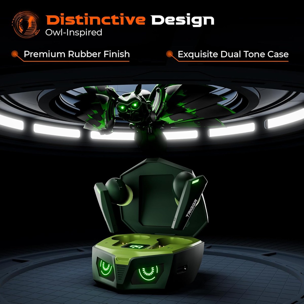 TRIGGR Kraken X1 Plus with Dual Pairing, Battery Display, Quad ENC, 70H Battery, v5.3 Bluetooth (Jungle Green, True Wireless)