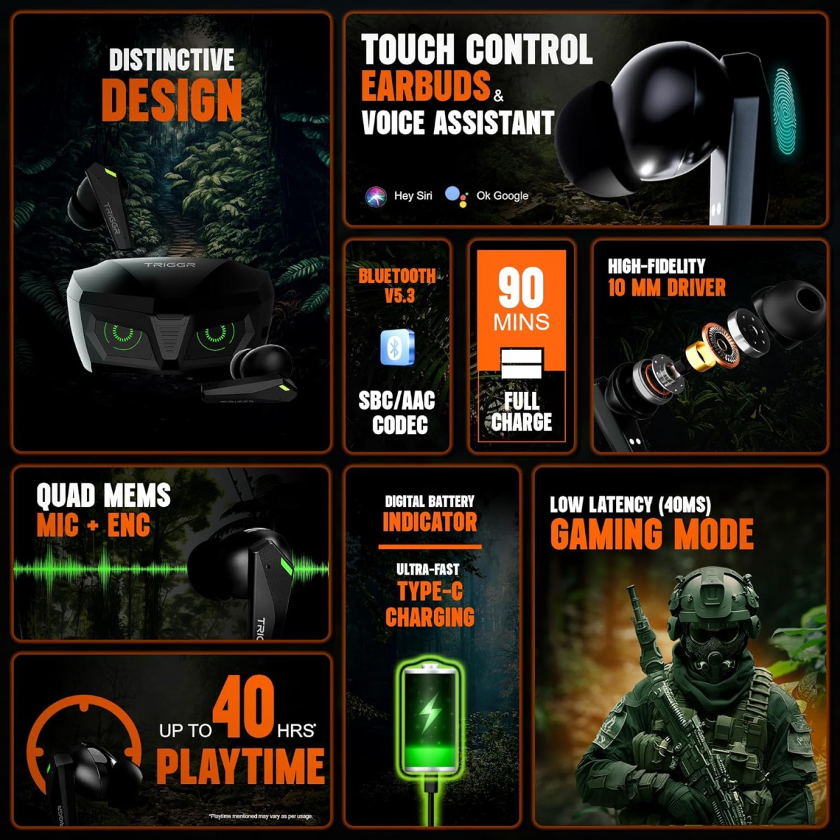 TRIGGR Kraken X1 with Battery Display, 40ms Latency, Quad Mic ENC, 40 Hr Battery, v5.3 Bluetooth Headset (Black, True Wireless)