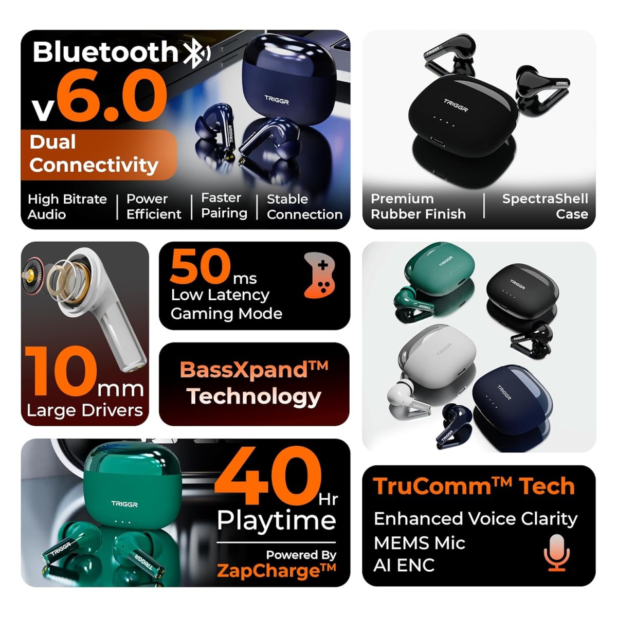 TRIGGR Opus with Latest BT v6.0, Dual Pairing, Chrome Lid, Rubber Finish, 40Hr Playtime Bluetooth (Phantom Black, in The Ear)