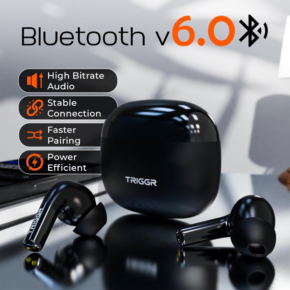TRIGGR Opus with Latest BT v6.0, Dual Pairing, Chrome Lid, Rubber Finish, 40Hr Playtime Bluetooth (Phantom Black, in The Ear)