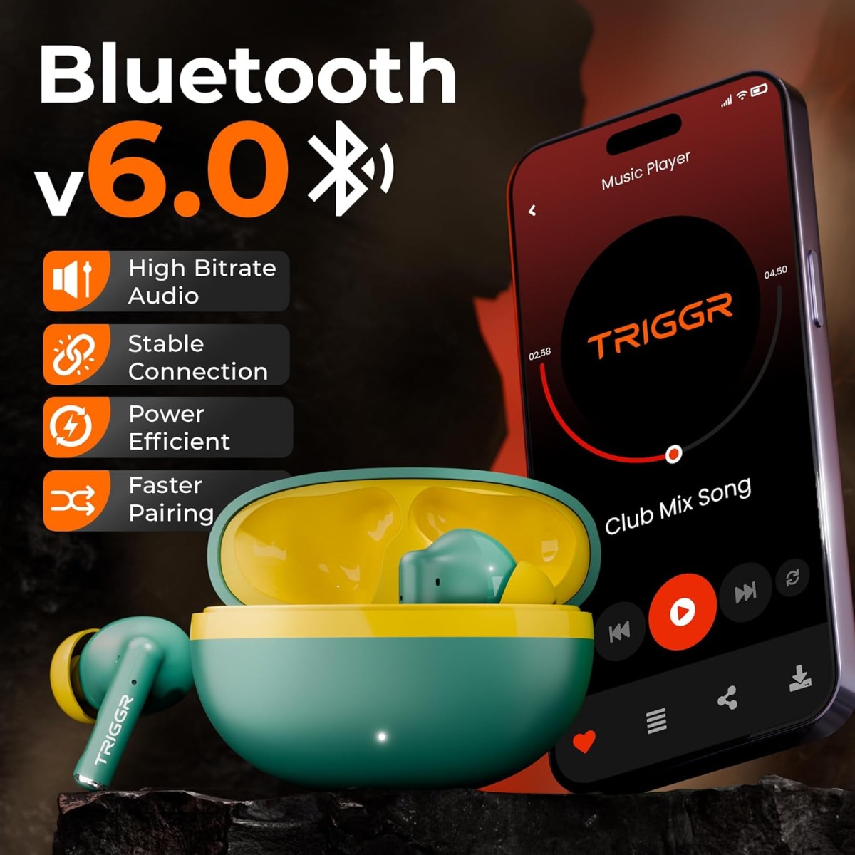 TRIGGR Ultrabuds N5 with Latest BT v6.0, 40Hr Playtime, 13mm Dynamic Drivers, Rich Bass Bluetooth (Neon Leaf, True Wireless)