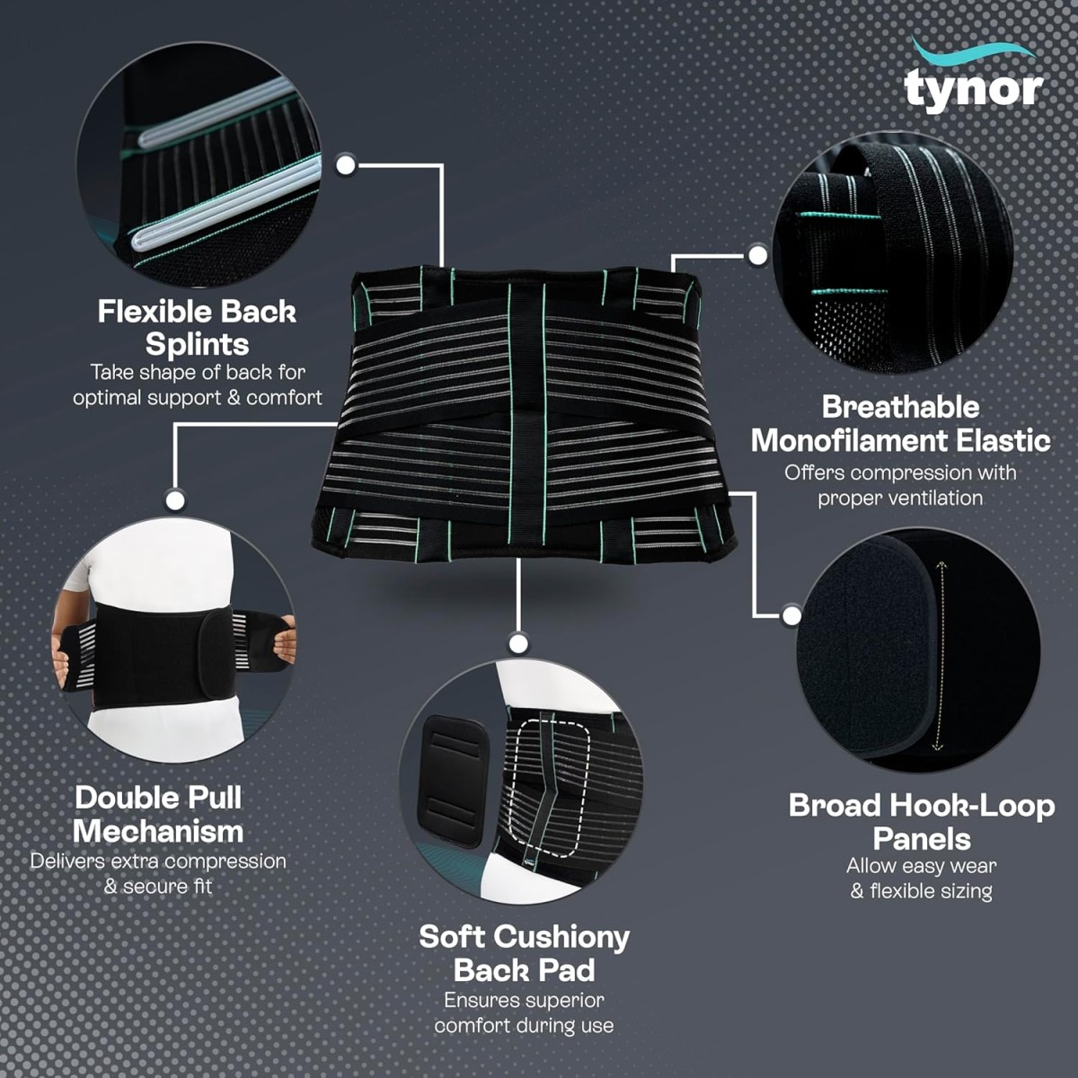 TYNOR Back Support Belt, Black, Medium, 1 Unit