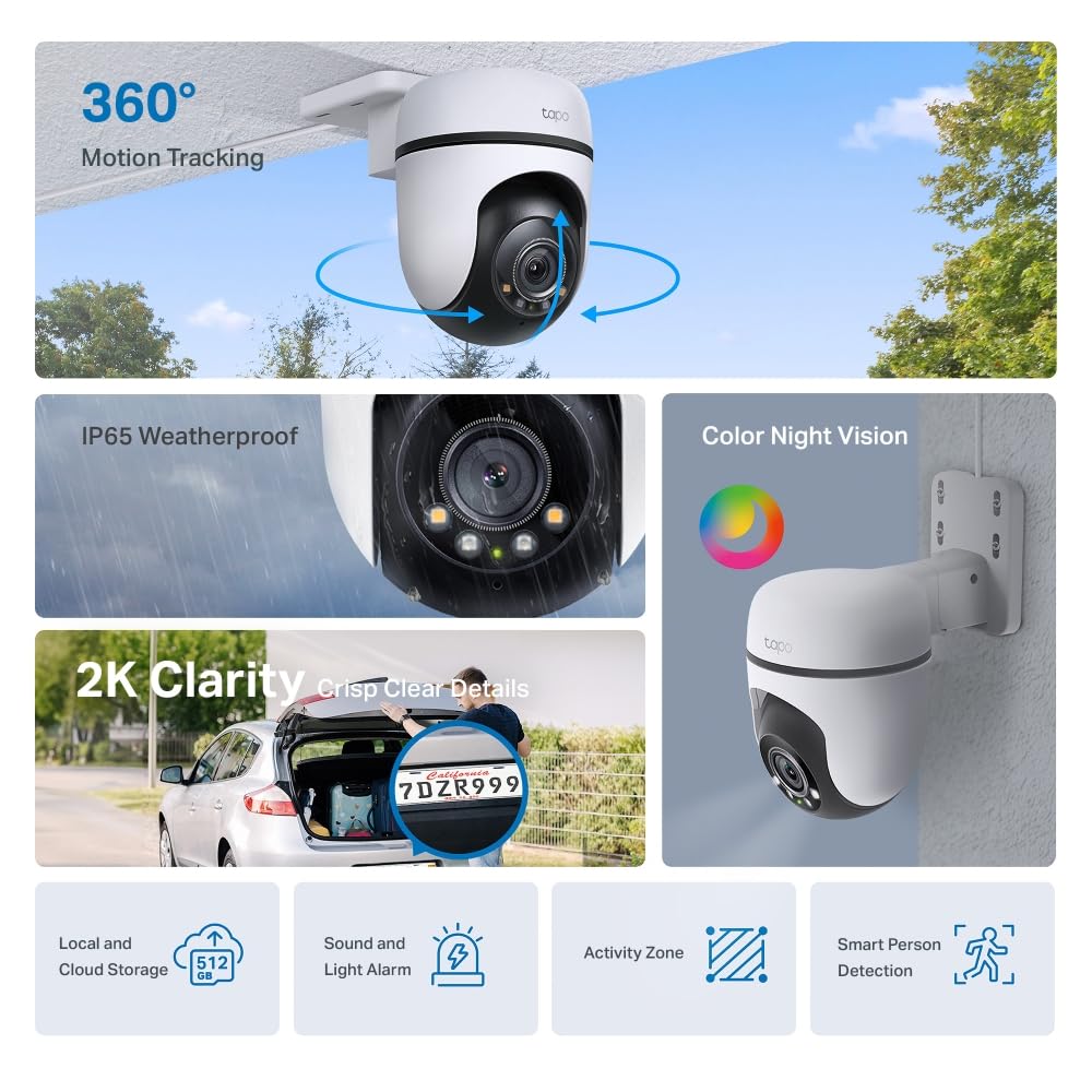 Tapo TP-Link 2K 3MP 1296P Outdoor Pan/Tilt Security Wi-Fi Camera, IP65 Weatherproof, Motion Detection, 360 C510W