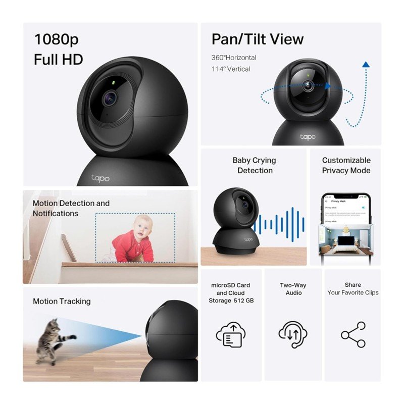 Tapo TP-Link C200 360° 2MP 1080p Full HD Pan/Tilt Home Security Wi-Fi Smart Camera| Alexa Enabled| 2-Way Audio| Night Vision| Motion Detection| Sound and Light Alarm| Indoor CCTV White- Tapo TP-Link C200 360° 2MP 1080p Full HD Pan/Tilt Home Security Wi-Fi Smart Camera| Alexa Enabled| 2-Way Audio| Night Vision| Motion Detection| Sound and Light Alarm| Indoor CCTV White-