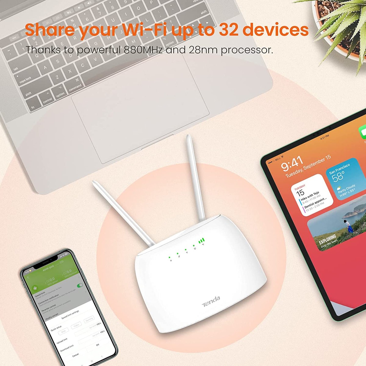 Tenda 4G06 3G/4G Volte N300 Wi-Fi Router, 2 Removable Antennas, Data Traffic Monitoring Connects Up to 32 Devices