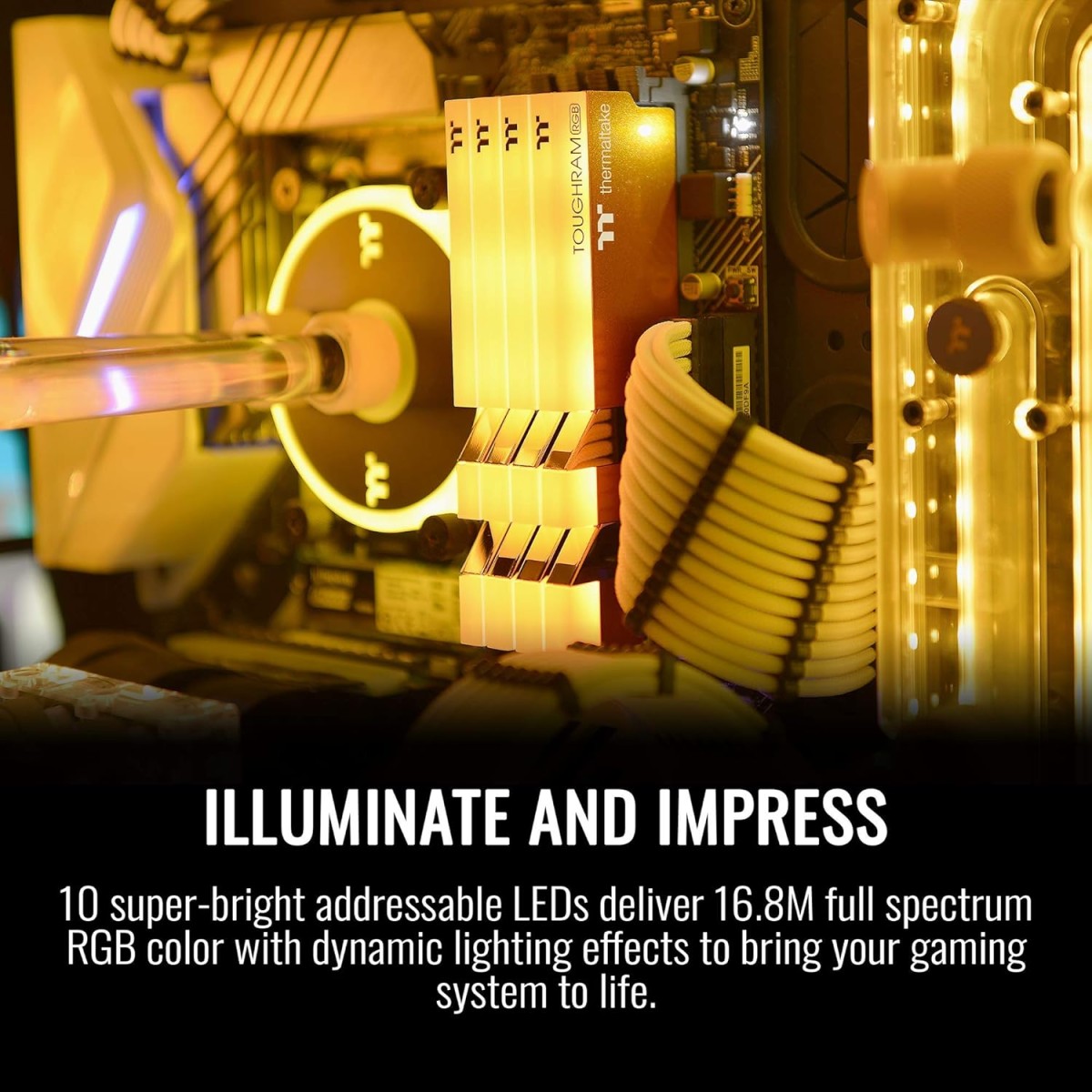 Thermaltake TOUGHRAM RGB DDR4 3600MHz 16GB (8GB x 2) 16.8 Million Color RGB Alexa/Razer Chroma/5V Motherboard Syncable RGB Memory- Metallic Gold (RG26D408GX2-3600C18A)