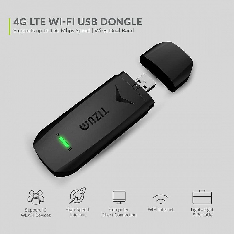 Tizum 4G Fast LTE Wireless USB Single Band Dongle Stick with All SIM Network Support Black