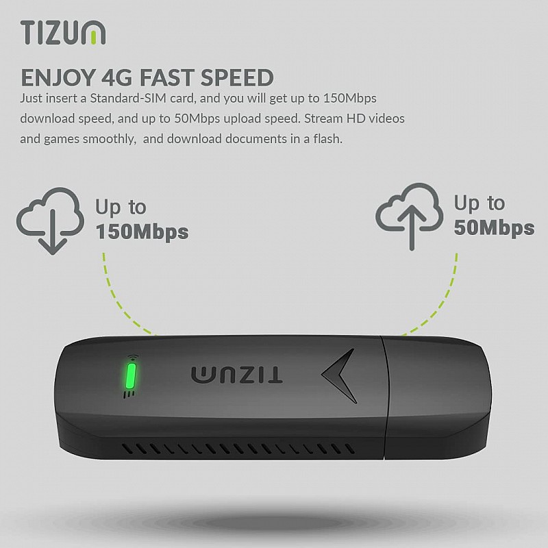 Tizum 4G Fast LTE Wireless USB Single Band Dongle Stick with All SIM Network Support Black