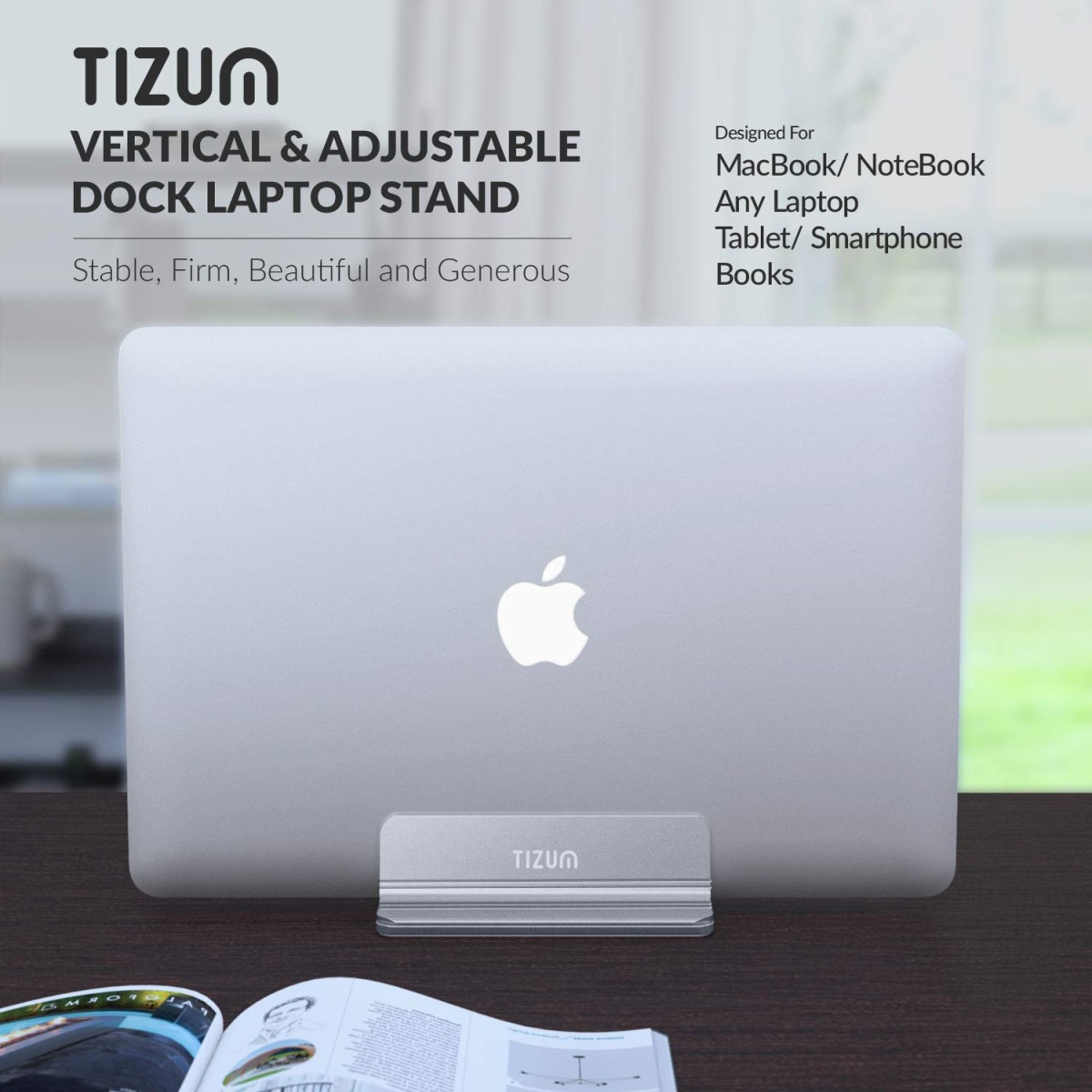 Tizum Vertical Laptop Stand for Desk with Adjustable Dock Width,