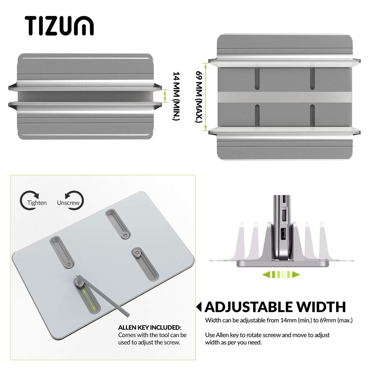 Tizum Vertical Laptop Stand for Desk with Adjustable Dock Width,