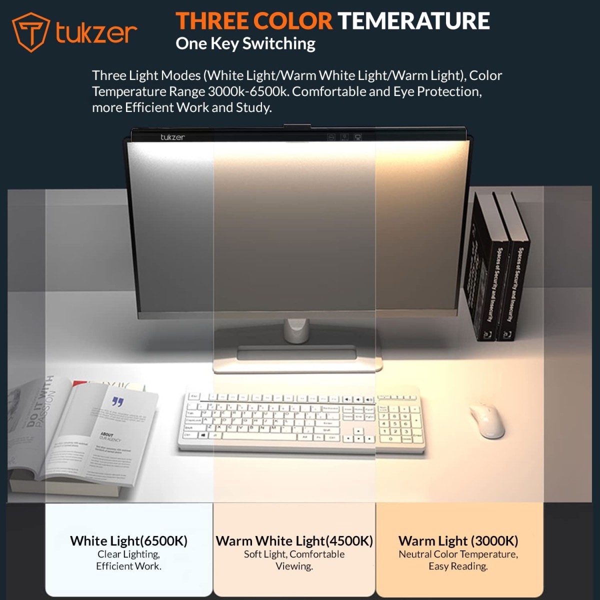 Tukzer 19-Inch Monitor Screen Light Bar with Smart Touch Sensor| USB Powered 5W LED E-Reading Lamp| 3 Color Temperature Modes, Stepless Dimming,60-Min Timer (Black)