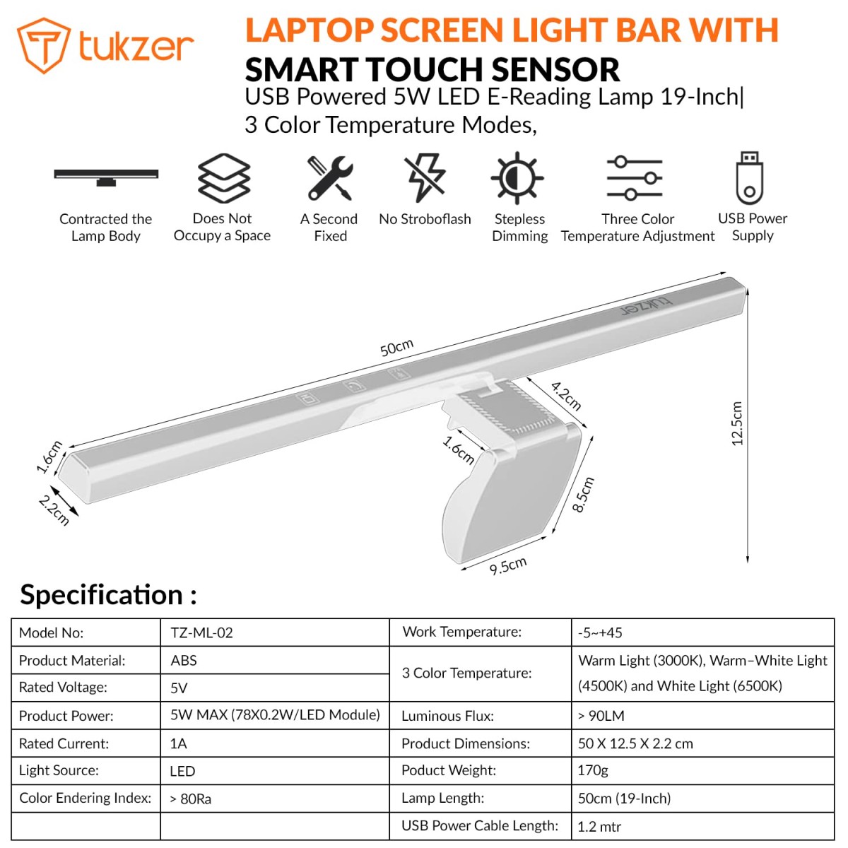 Tukzer 19-Inch Monitor Screen Light Bar with Smart Touch Sensor| USB Powered 5W LED E-Reading Lamp| 3 Color Temperature Modes, Stepless Dimming,60-Min Timer (Black)