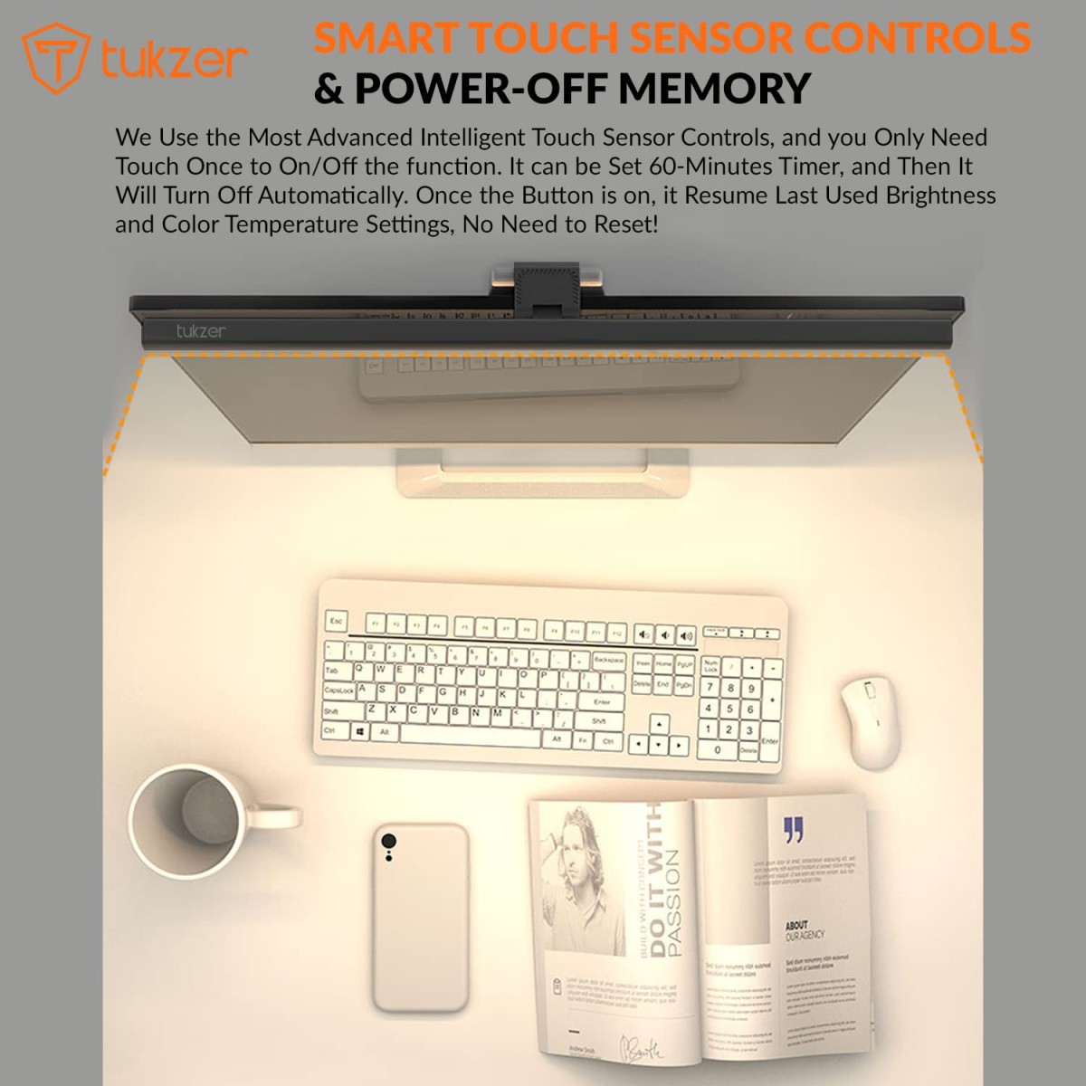 Tukzer 19-Inch Monitor Screen Light Bar with Smart Touch Sensor| USB Powered 5W LED E-Reading Lamp| 3 Color Temperature Modes, Stepless Dimming,60-Min Timer (Black)