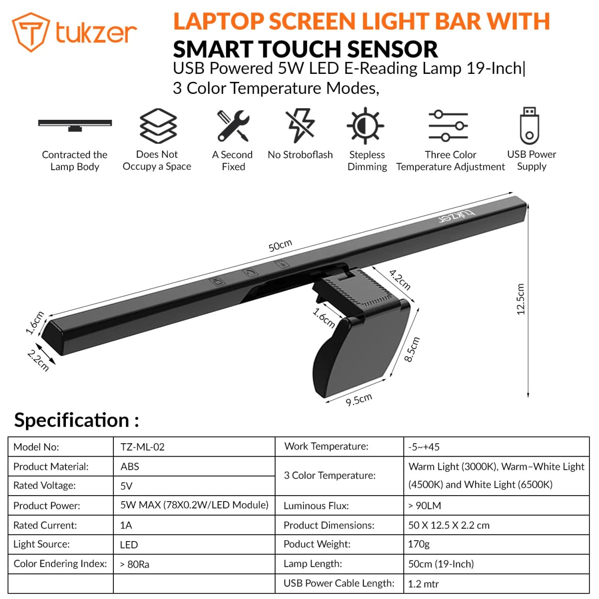 Tukzer 19-Inch Monitor Screen Light Bar with Smart Touch Sensor| USB Powered 5W LED E-Reading Lamp| 3 Color Temperature Modes, Stepless Dimming,60-Min Timer (Black)