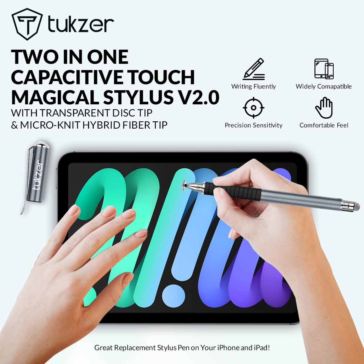 Tukzer 2-in-1 Capacitive Stylus Pen V2.0, Light Aluminum Body, Rubber Grip, for Touch Screen Devices, Smartphones, Tablets (Grey)