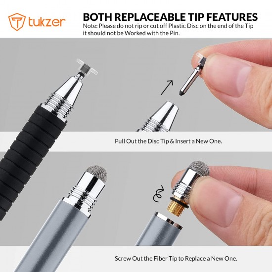 Tukzer 2-in-1 Capacitive Stylus Pen V2.0, Light Aluminum Body, Rubber Grip, for Touch Screen Devices, Smartphones, Tablets (Grey)