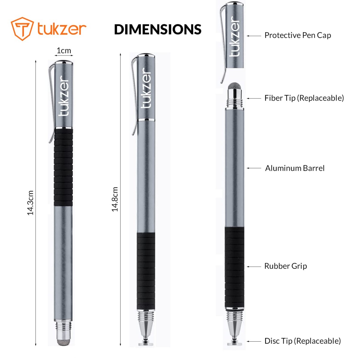 Tukzer 2-in-1 Capacitive Stylus Pen V2.0, Light Aluminum Body, Rubber Grip, for Touch Screen Devices, Smartphones, Tablets (Grey)