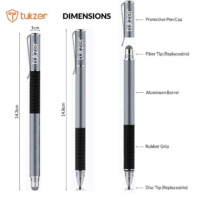 Tukzer 2-in-1 Capacitive Stylus Pen V2.0, Light Aluminum Body, Rubber Grip, for Touch Screen Devices, Smartphones, Tablets (Grey)