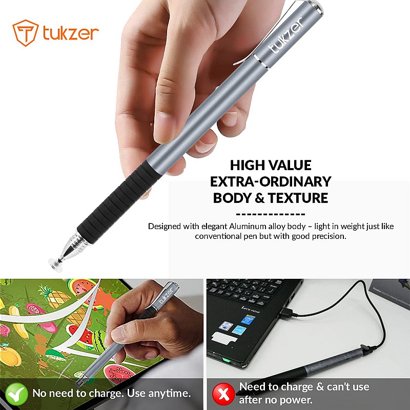 Tukzer 2-in-1 Capacitive Stylus Pen V2.0, Light Aluminum Body, Rubber Grip, for Touch Screen Devices, Smartphones, Tablets (Grey)